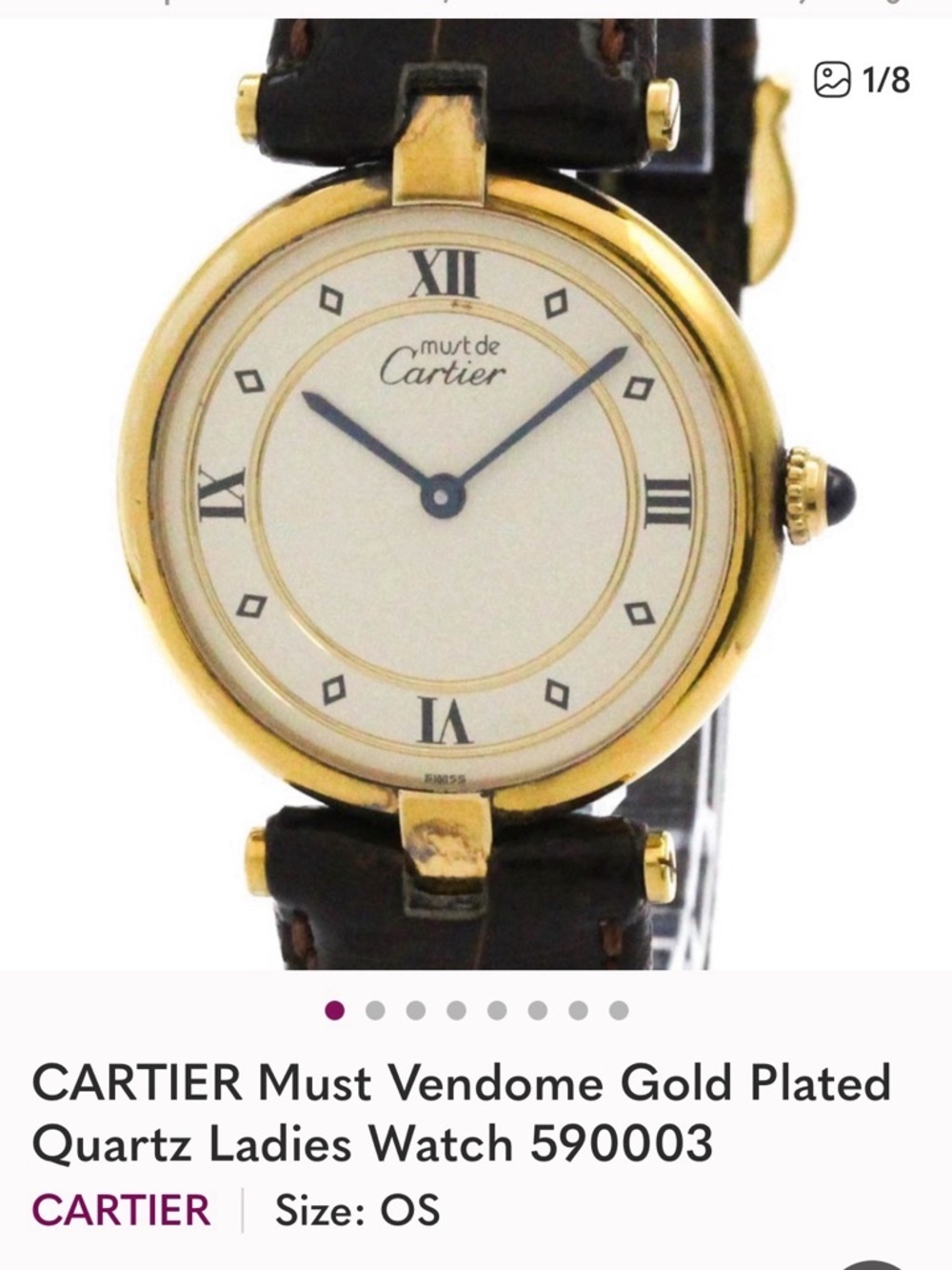Cartier Gold Tone Watch with White Dial and  brown Strap